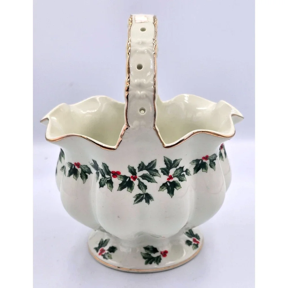 Living Quarters Christmas Holly‎ Berry Ceramic Footed Basket Candy Dish Flowers